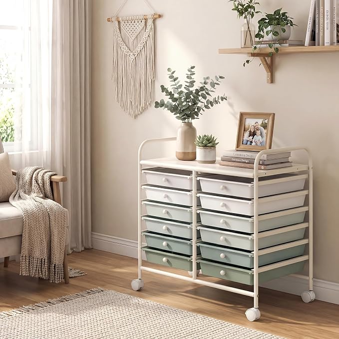 GOFLAME 12-Drawer Rolling Storage Cart, Art Craft Organizer Cart, Mobile Utility Storage Cart with Removable Drawers & Lockable Wheels, Craft Cart for Home Office School, Green Gradient
