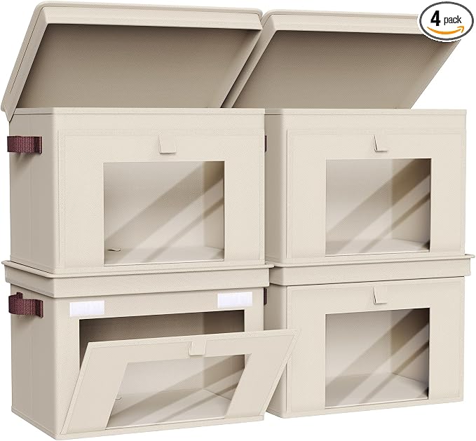 Univivi Storage Bins with Lids, Large Closet Organizers and Storage with Handles & Window, Foldable Fabric Storage Cubes with Lids for Home, Closet, Bedroom, 4 Pack, (Beige, 16.5“ x 12” x 12")