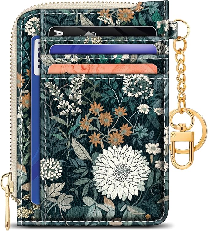 GIANCOMICS Slim Wallet Credit Card Holder Women, Vintage Weeds Floral Rfid Small Card Case, Keychain Thin Pocket Curved Zipper Wallet, Travel Card Holder PU Leather ID Window, Ladies Female Gifts
