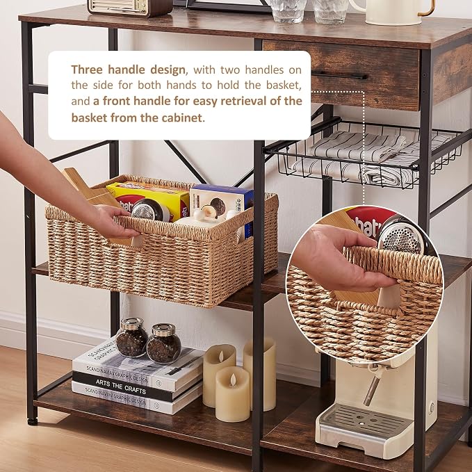 OIAHOMY Wicker Storage Basket, Rectangular Paper Rope Shelf Baskets with Built-in Handles, Woven Decorative Organizer for Pantry, Shelves, Living Room and Bathroom, 1-Pack Natural