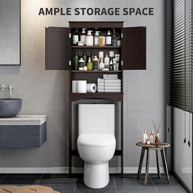 Bealife Over The Toilet Storage Cabinet with Open Shelf - Espresso | Over Toilet Bathroom Organizer with Adjustable Shelf and Double Doors, Space Saver Free Standing Storage Shelf for Bathroom