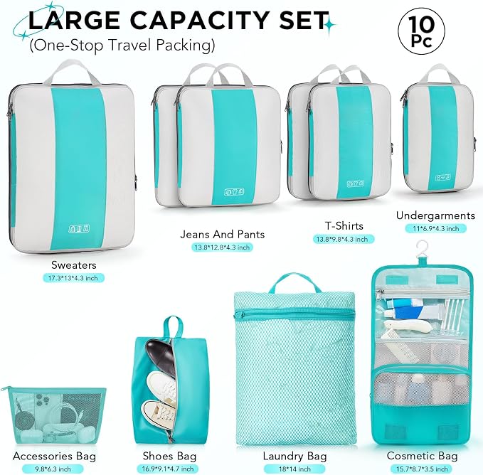 OlarHike 10 Set Compression Packing Cubes for Travel Essentials,Compressible Expandable Space Saver Bags for Organizing Clothes,Luggage Suitcase Garment Bags with Over 1000 pcs Mesh Holes(Blue Green)