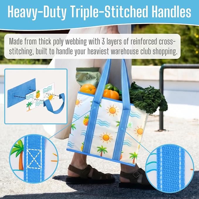 VENO 3 Pack Reusable Grocery Bags, Shopping Bags for groceries, Utility Tote with Handles and Hard Bottom, Foldable Shopping Cart Organizer, Heavy-Duty (Tropical Island, 6 Gallon-3 Pack)