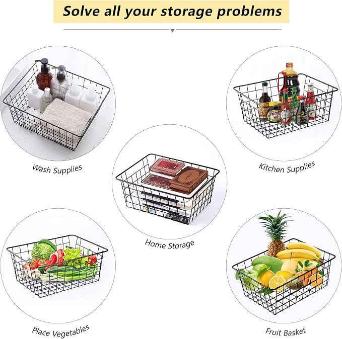 Wire Baskets for Organizing 4 Pack Pantry Baskets For Storage 11x8.7x4.7in | Wire Baskets for Kitchen Refrigerator Freezer Cabinet Shelf Garage,Metal Bin with Side Handles for Easy Pull (Black)