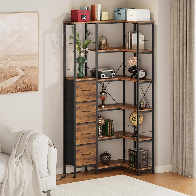 AFLUI 6-Tier Corner Bookshelf with LED and 4 Fabric Drawers | Corner shelf with left/right short side; LED light for home office, bedroom, living room
