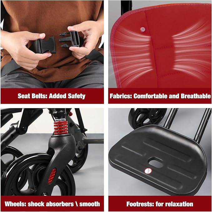 Wheelchairs for Adults,Transport Wheelchair Lightweight Foldable with Removable Cushion,Transport Chair,Ergonomic Travel Wheelchair with Telescopic Handle,Gifts for Grandma,Red