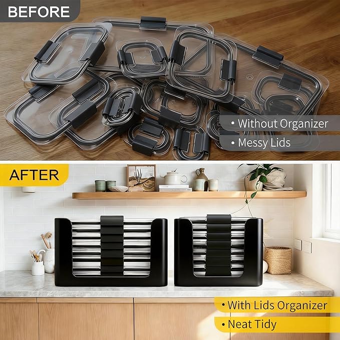 Food Storage Container Lids Organizer for Rubbermaid Brilliance Nap-On Lids,Lid Organizer for Kitchen Cabinet Storage - Fits 3.2, 4.7 & 9.6 Cups - Holds 16 Lids (Black,2-Piece Bundle)