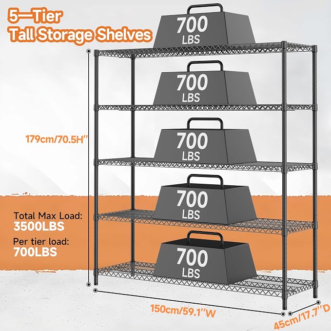 M MZG 3500LBS 59" W 5 Tiers Storage Shelves, Metal Shelving Wire Metal Shelving Unit Shelves for Storage Adjustable Garage Shelving for Pantry Kitchen Garage Black 17.7" D x 59.1" W x 70.4" H