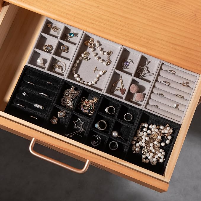 Frebeauty Small Jewelry Organizer for Drawer,Set of 4 Velvet Jewelry Trays | Jewelry Box Inserts,Drawer Inserts,Vanity Drawer Organizer,Mini Size,Stackable Earring Organizer,Adjustable Dividers