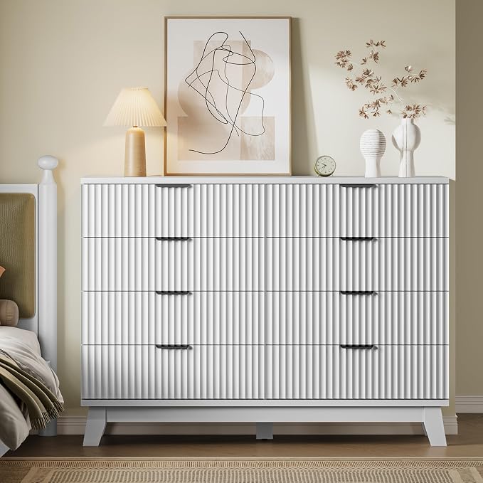 BORNOON 53" Wide Dresser for Bedroom, 8-Drawer Fluted Chest of Drawers, Modern Wood Highboy with Metal Slides and Handles, Anti-Tip Kit, Vertical Clothes Storage Organizer for Apartment, Closet
