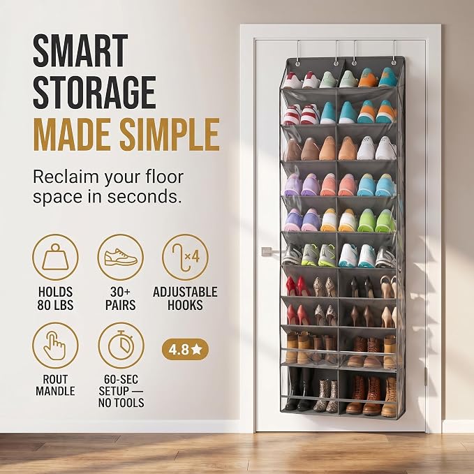 HOMELUX THEORY 10 Tier Hanging Shoe Organizer for Closet, Over the Door Shoe Organizer with Deep Pocket, Shoe Rack for Closet & Entryway, Large Capacity Storage for Boots, Sneakers & Shoes (Dark Gray)