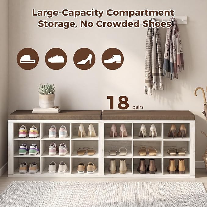 Shoe Rack Bench, Shoe Storage Bench with Cushion, Shoe Organizer 18 Cubbies for Entryway Hallway Bedroom Living Room, Holds Up to 400lbs