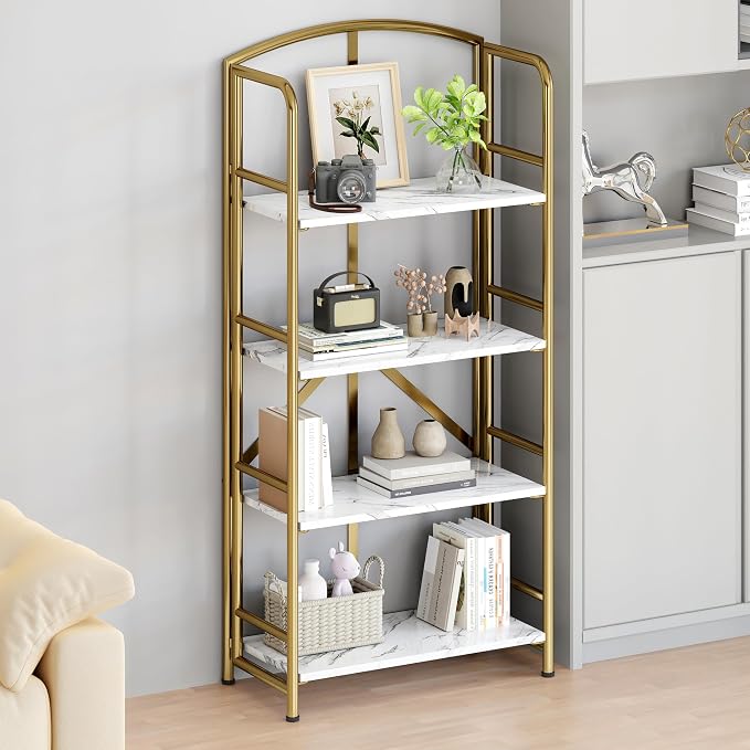No Assembly,Gold Folding Bookshelf 4 Tiers, Vintage Storage Rack,White&Gold | Bookcase Vintage Multifunctional Plant Flower Stand, Storage Shelves Organizer for Home Office,Living Room,Dorm