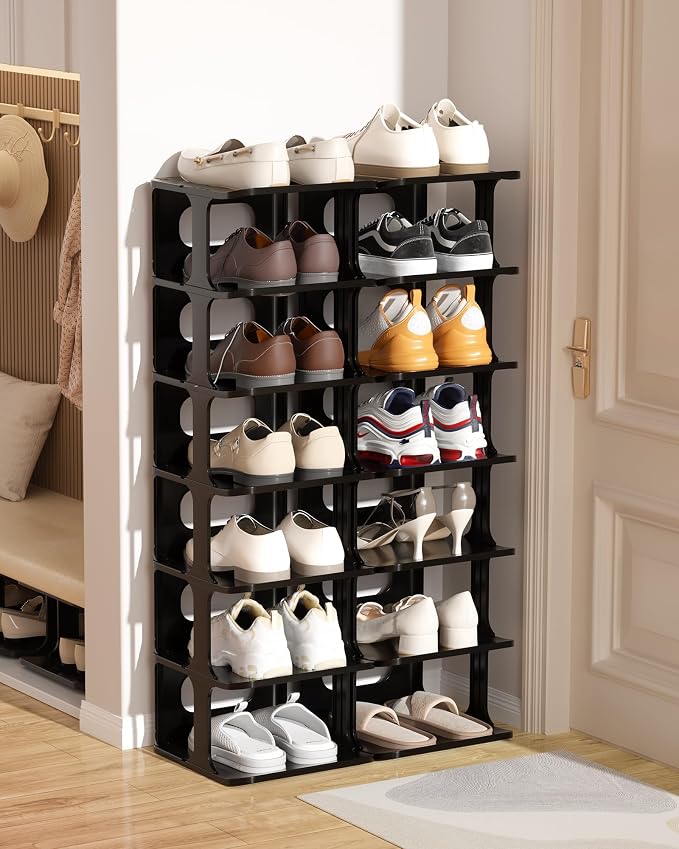 HAIXIN 14 Tier Vertical Black Shoe Rack for Front Door Entrance - Tall Shoe Organizer for Small Spaces, Closet Narrow Small Shoe Shelf Cabinet Free Standing Racks Holder Stand | Slim vertical shoe rack saves space, stackable modular design, easy to ass...