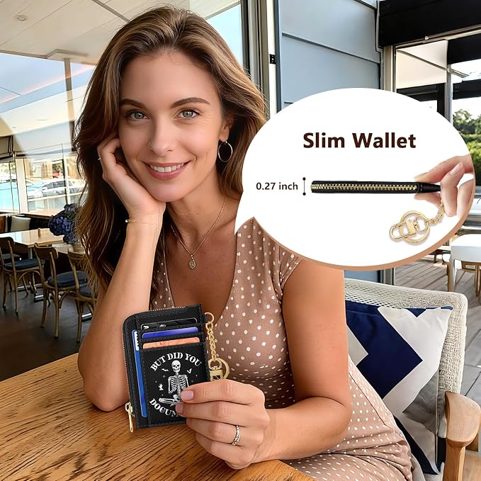 GIANCOMICS Slim Wallet Credit Card Holder Women, Funny Skeleton Skull Rfid Blocking Small Card Case, Keychain Thin Pocket Curved Zipper Wallet, Travel Card Holder PU Leather, Ladies Female Gifts