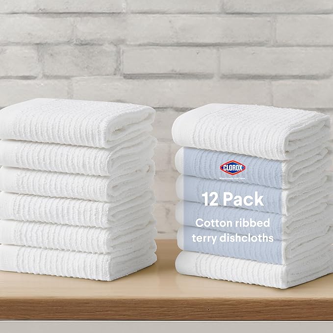 Clorox Ribbed Dishcloths - 100% Cotton Quick Dry Dish Cloths - Absorbent Multipurpose Cleaning for Restaurants, Kitchen, Bathroom, Hotel - 12" x 12" - White 12 Pack