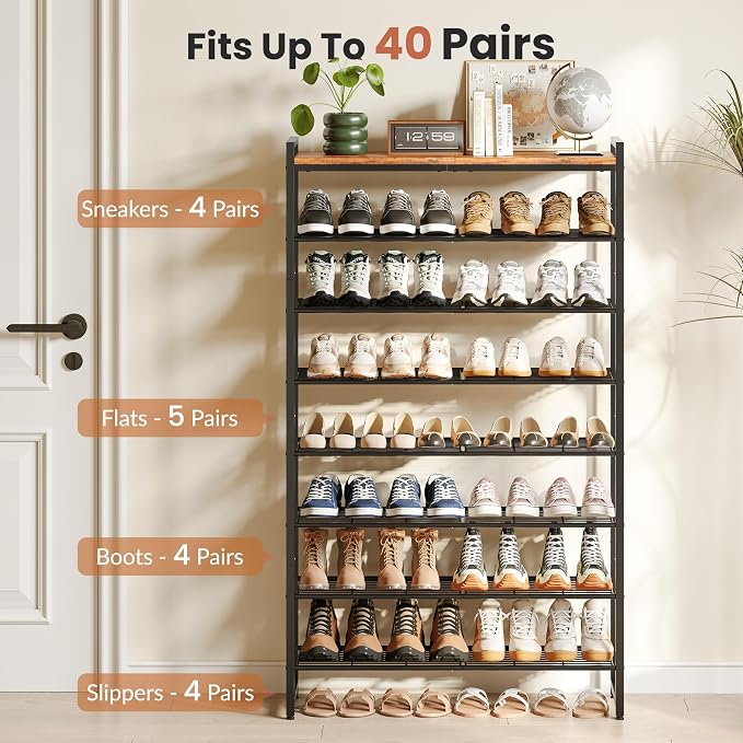 8 Tier Shoe Rack Organizer for 32-40 Pairs, Tall Metal Shoe Storage Shelf with Wood Top, Adjustable Boot Space, Narrow Design for Entryway Closet, Rustic Brown and Black
