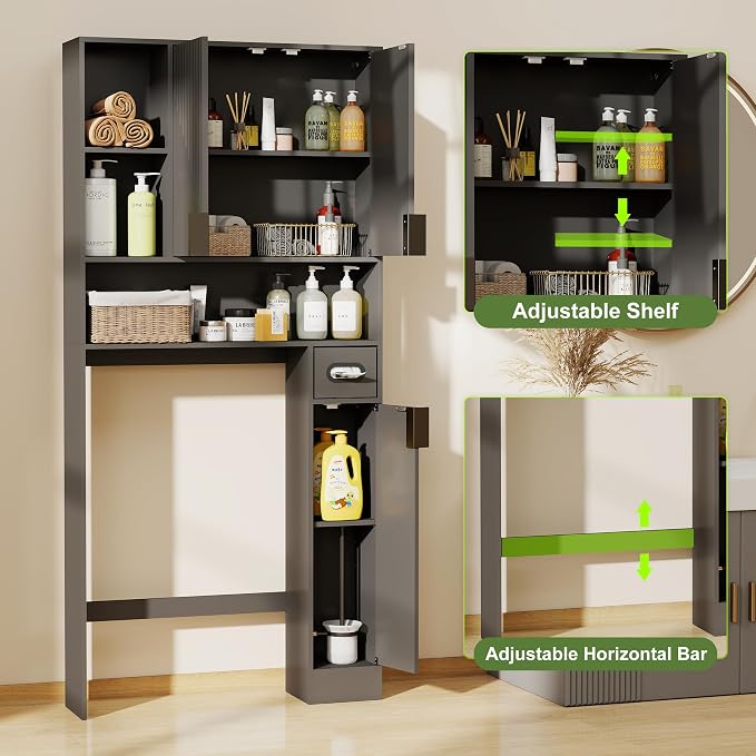 GOODONE Black Over The Toilet Storage Cabinet - with 3 Doors and Toilet Paper Holder Stand, FreeStanding, for Bathroom, Restroom, Laundry