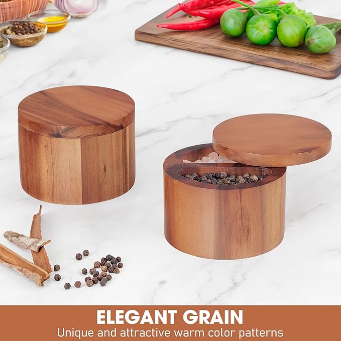 Demigo Duet Salt Cellar, 7.5 Ounces Acacia Salt Keeper Box with Two Compartments Secured by Magnetic & Swivel Lid, Spice Container for Kitchen Countertop Storing Pepper Oregano Powder Cinnamon