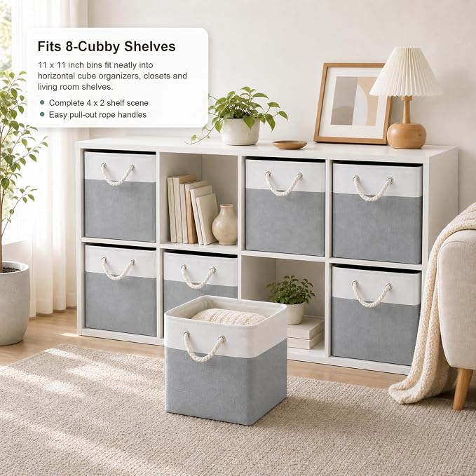 11x11 Inch Cube Storage Bins, 8 Pack Collapsible Fabric Storage Cubes with Rope Handles, Waterproof Foldable Storage Baskets for Cube Shelves, Closet, Clothes, Toys, Books, White & Gray