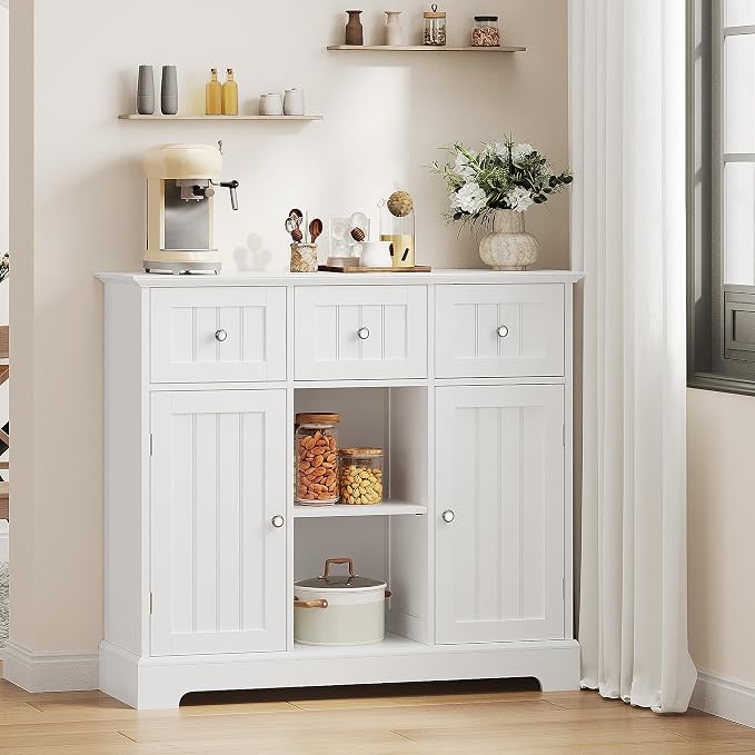 ChooChoo 35.4" Coffee Bar Cabinet with 3 Drawers and 2 Doors, White | Buffet Cabinet with Adjustable Shelves, Storage Cabinet for Compact Kitchens, Dining rooms and Living rooms