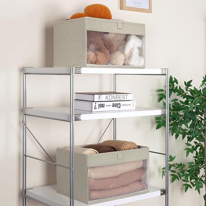 WUIKE Closet Storage Bins with Clear Window, Fabric Organizer Baskets with Handles, Foldable Linen Closet Organizers and Storage for Shelves, Line Beige, Large, 3 Pack