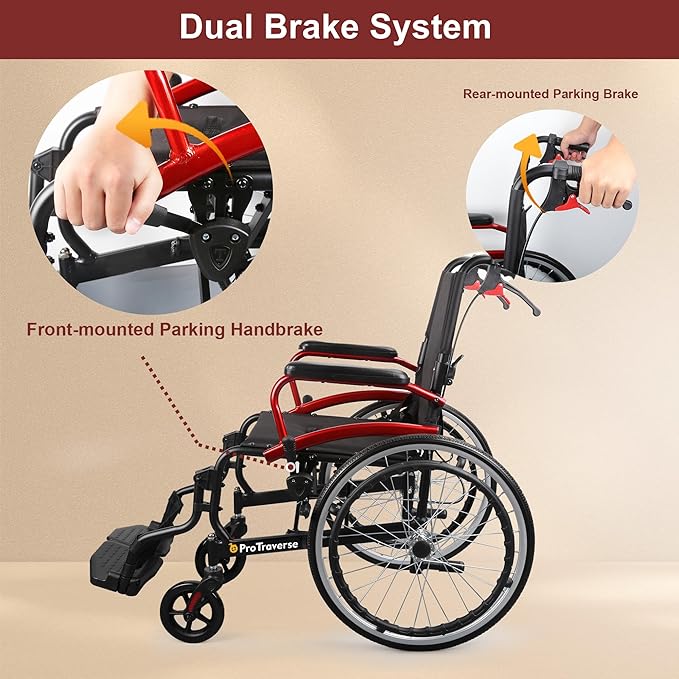 Wheelchairs for Adults,self-propelled Transport Chair,Foldable and Portable Travel Wheelchair with Swing-Away Footrests,Lightweight Transfer Wheelchairs for Adults adnd Seniors（Red）