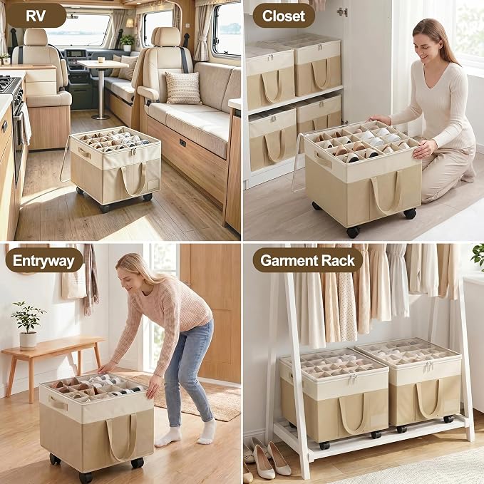 2 Pack Large Shoe Organizer for Closet, 32 Pairs Shoe Storage Box Beige | 360° Wheels & Reinforced Handles, Adjustable Dividers, Clear Cover, Side Pocket, Foldable Oxford Fabric Bin for Entryway
