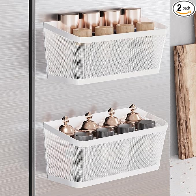 2Pcs Magnetic Spice Rack for Refrigerator, White Magnetic Shelves | Powerful Magnet Hanging Basket Holder, Magnetic Organizer Shelf for Fridge, For Seasonings Fruit Vegetables Coffee Beans