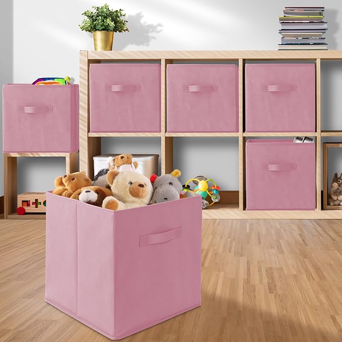 Casafield Set of 6 Collapsible Fabric Cube Storage Bins, Light Pink - 13" Foldable Cloth Baskets for Shelves, Cubby Organizers & More