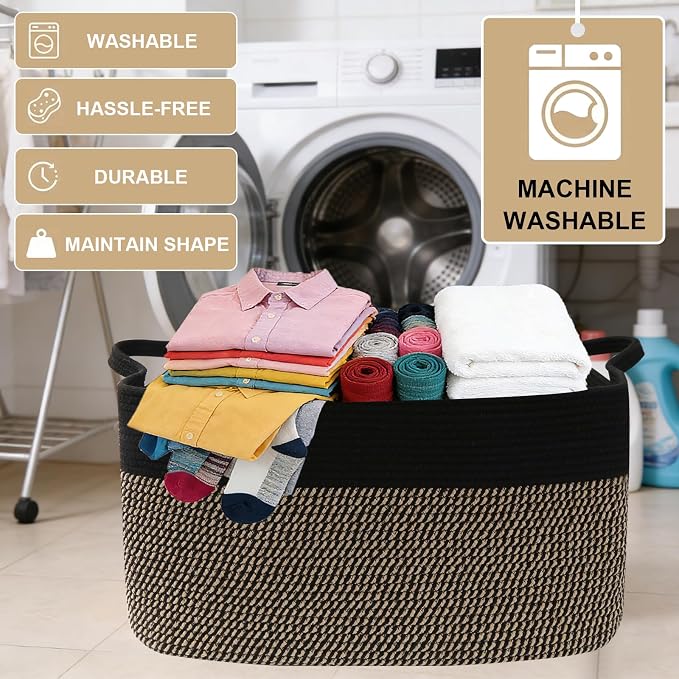 65L Collapsible Woven Rope Laundry Basket with Handles,Black/Jute | 21x16x12 Foldable Rectangular Blanket Basket for Toys, Clothes & Pillows,Ideal for Nursery, Bathroom, Bedroom, Living Room