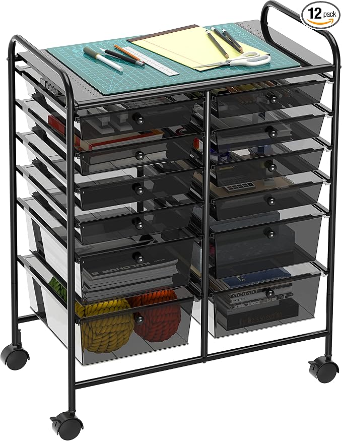 Simple Houseware 12 Drawers Rolling Utility Cart Organizer, Black | 2-Column, 32" Height, Lockable Wheels, for School, Office, Art Craft, and Paper Storage