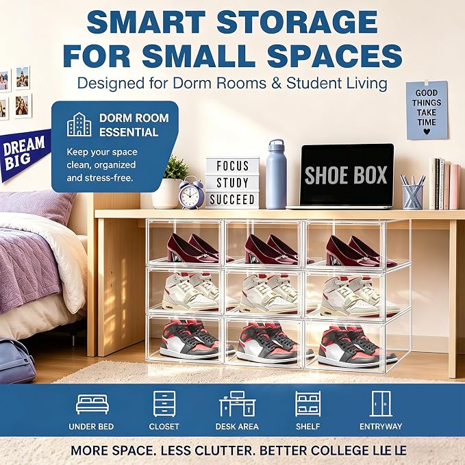 12 Pack Low Profile Clear Shoe Storage Box for Flats,Loafers,Heels | Space-saving 7.6-inch height fits under shelves &cabinets.Ideal for flats,loafers,slip-ons&compact living.1 Pack Fit Size 12