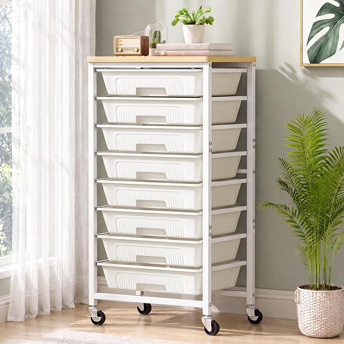 caktraie Rolling Cart with 8 Storage Drawers, Craft Organizers Cart with Wooden Tabletop, Mobile Utility Drawer Cart with Lockable Wheels, for Classroom, Office, Living Room & Bedroom, Beige White