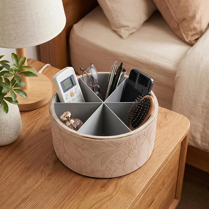 Remote Control Holder, 360°Spinning PU Leather Desk TV Remote Caddy,Desk Storage Box Room Accessories for Controller, Media,Mail,Calculator, Mobile Phone,Pencil(1B-Golden Apricot)