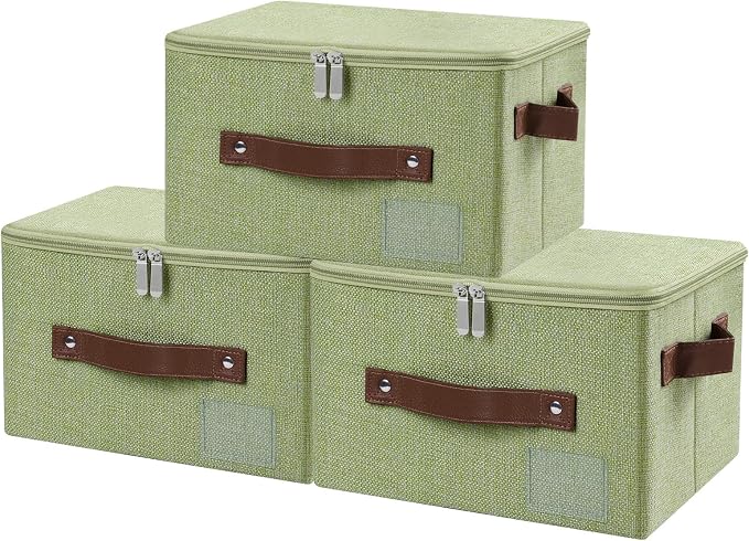 ANMINY Small Fabric Storage Box Bins with Zipper Lid, Washable Green, 3PCS | Cotton Linen Fabric, PP Board Frame, Label Holder, Stackable & Foldable, PU Handles, Dual-Zipper 3-Side Open Lid