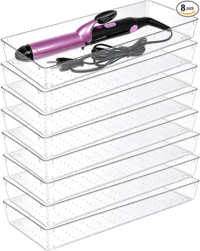 Manalete 8 Pack 15"x6" Extra Large Clear Plastic Drawer Organizer Trays, Multi-Purpose Storage Bins for Vanity, Makeup, Kitchen Utensils, Bathroom, Office Desk, Auto Tools & Craft Supplies