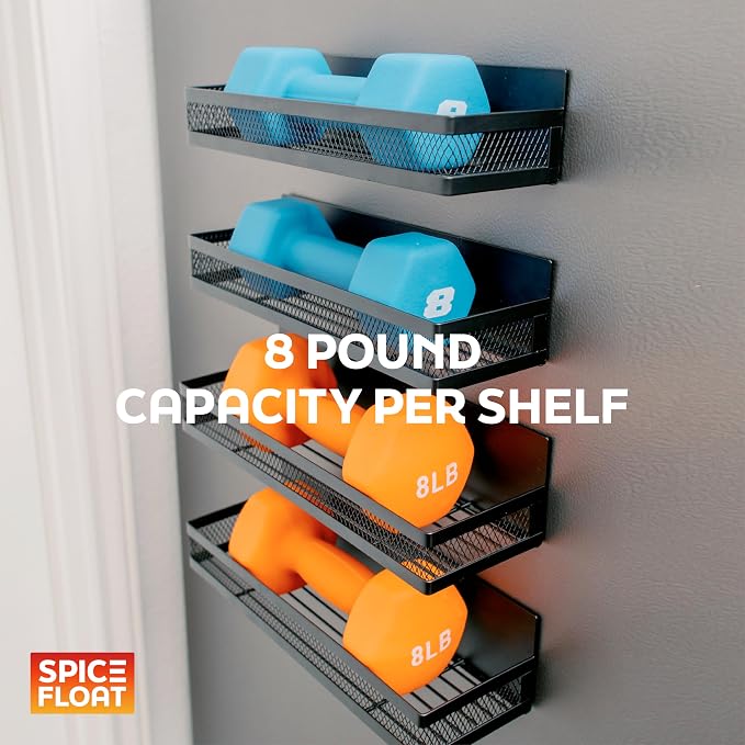 Houseify Spice Float Magnetic Spice Racks, Set of 4, Black | Epoxy-coated 4.5mm steel, neodymium magnets, 10-hook bar, holds 40 lb, no installation required