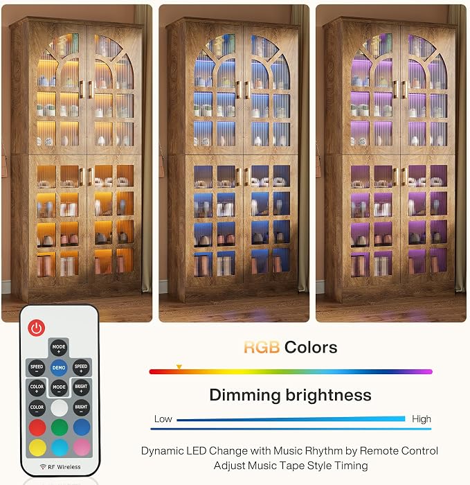 Tribesigns Tall Shoe Cabinet with Doors and Led Lights, 8-Tier Wooden Shoe Rack Organizer with Adjustable Shelves, Narrow Shoe Storage Cabinet for Entryway, Hallway, Living Room, Brown