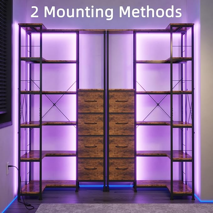 AFLUI 6-Tier Corner Bookshelf with LED and 4 Fabric Drawers | Corner shelf with left/right short side; LED light for home office, bedroom, living room