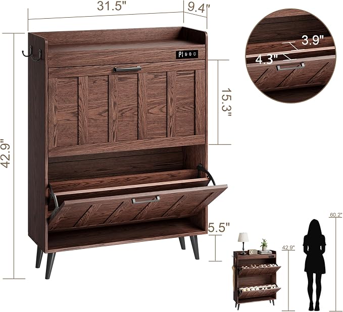 ChooChoo Shoe Storage Cabinet with 2 Flip Drawers, Deodorizing Shoe Organizer Storage for Entryway, Freestanding Hidden Slim Narrow Shoe Rack Cabinet, Walnut