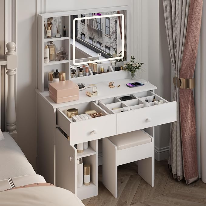 Makeup Vanity Desk Set with LED Lighted Mirror & Power Outlet, Makeup Vanity Table with 2 Drawers,1 Cabinet, Storage Bench,for Bedroom, Bathroom