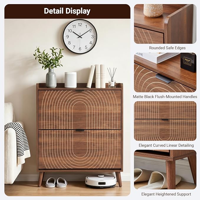 Arch-Chic Shoe Cabinet for Entryway with 2 Flip Drawers, Freestanding Shoe Storage Cabinet for Entryway, Narrow Wood Shoe Organizer for Foyer, Front Door, Hallway