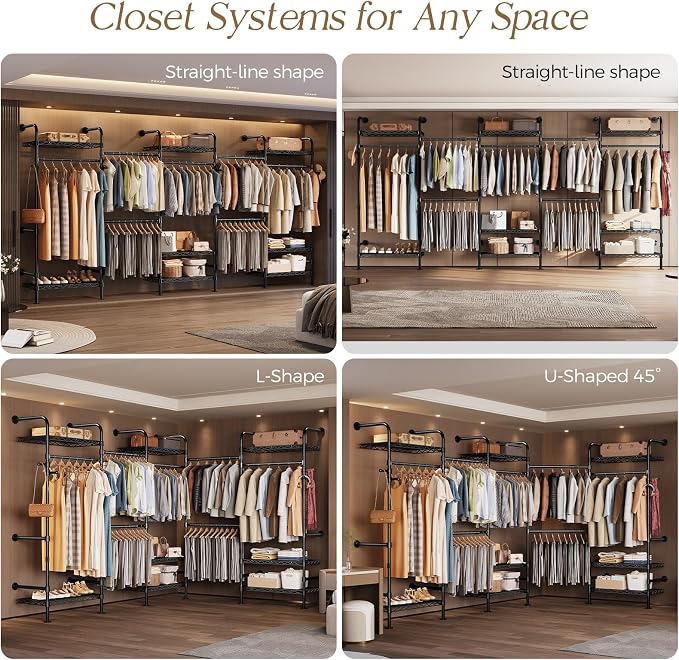 Wall Mounted Closet System, Heavy Duty 5-Row Clothes Rack, Expandable Industrial Pipe Closet Organizers and Storage with 4 Telescopic Rods, 3 Fixed Rods, 6 Hooks & 8 Shelves for Wardrobe, Bedroom