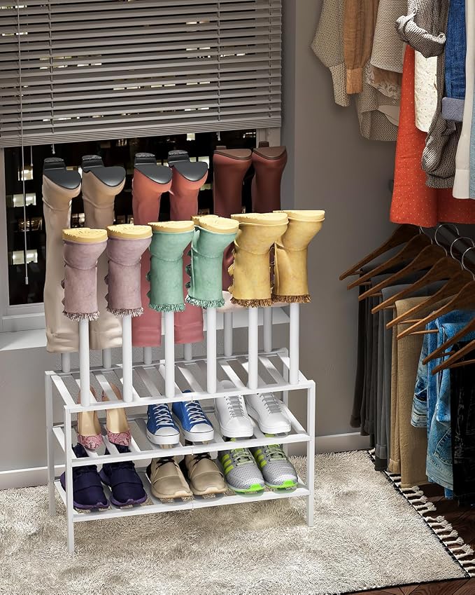 viewcare White Boot Rack, Boot Rack Organizer Tall Boots with Shoe Rack for Closet, Bamboo Wood Shoe Shelf Storage Organizer for Entryway