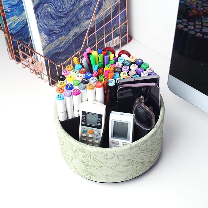 Remote Control Holder, 360°Spinning PU Leather Desk TV Remote Caddy,Desk Storage Box Room Accessories for Controller, Media,Mail,Calculator, Mobile Phone,Pencil(1-Carved Green1)