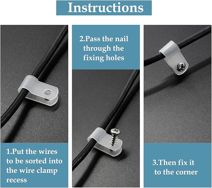 100 Pcs 1/8 Inch White Nylon Cable Clip Wire Clamp | R-type Screw Mounting, 3.3mm, Wire Management, Stainless Steel Screws Included