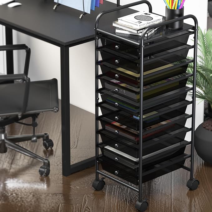 Simple Houseware 10 Drawers Rolling Utility Cart Organizer, Black | 1-Column, 36" Height, Lockable Wheels, for School, Office, Art Craft, and Paper Storage