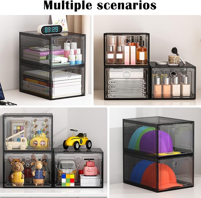 ARSTPEOE 6-Pack Black Shoe Storage Boxes Magnetic Stackable | Upgraded Harder Material, Stackable Space-saving, Fits Sneakers & Boots, Clear Magnetic Front Door