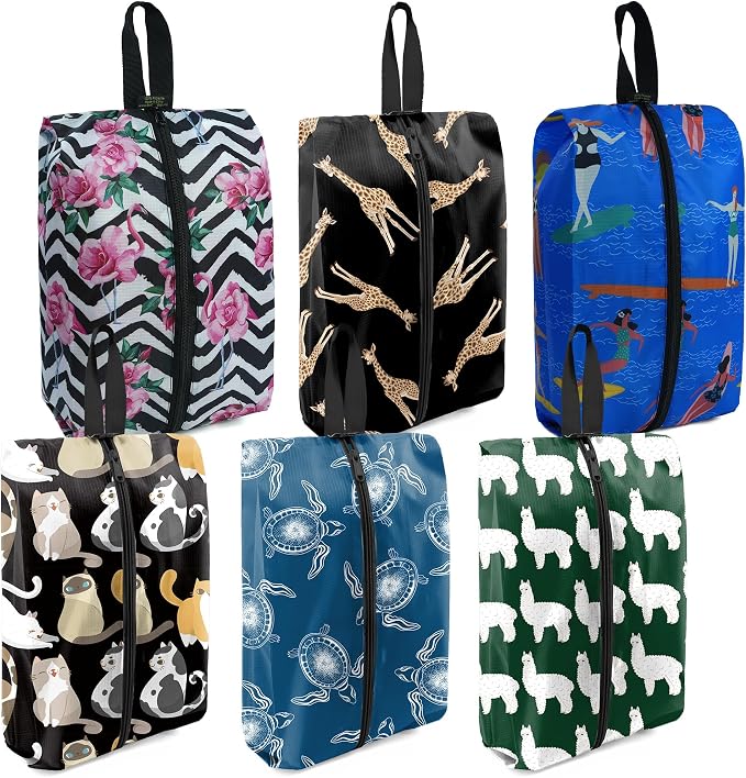 BeeGreen Shoe Bags 6 Pack Animal Design for Travel with Handle as Packing Organizers for Suitcase and Luggage | Portable Nylon Storage Accessories for Vacations, Essential Gifts for Women and Men